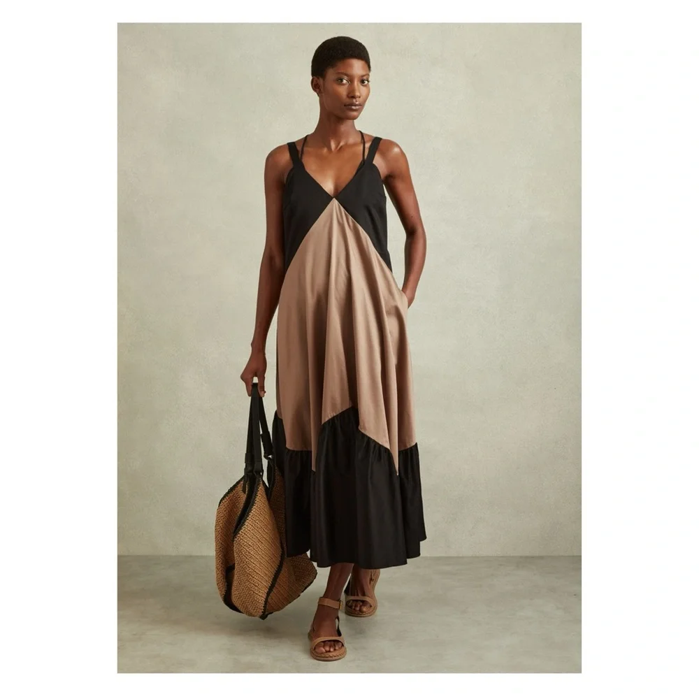 New! REISS LONDON “Natalie” Colorblock Tiered Midi Dress in Taupe and Black - Picture 3 of 11